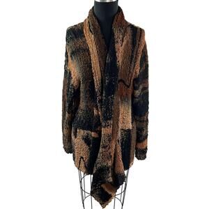 VTG Brown Black Cardigan Sweater Abstract Pebbled Knit Shawl Neck Dolman Sleeve